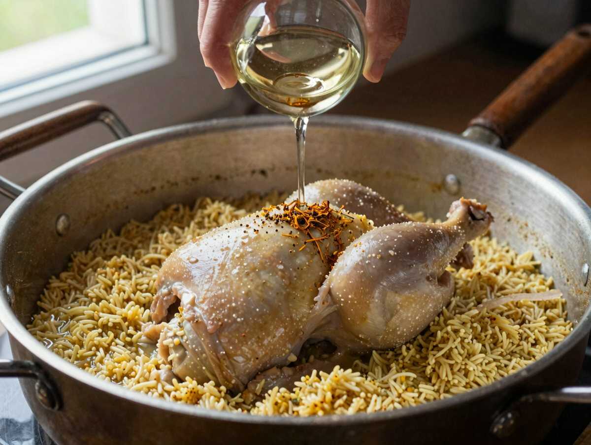 Sfuma e aggiungi lo zafferano — Pollo allo Zafferano con Riso Pilaf