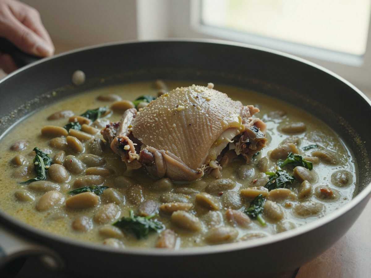 Aggiungi ceci e brodo — Pollo con Ceci e Spinaci in Padella