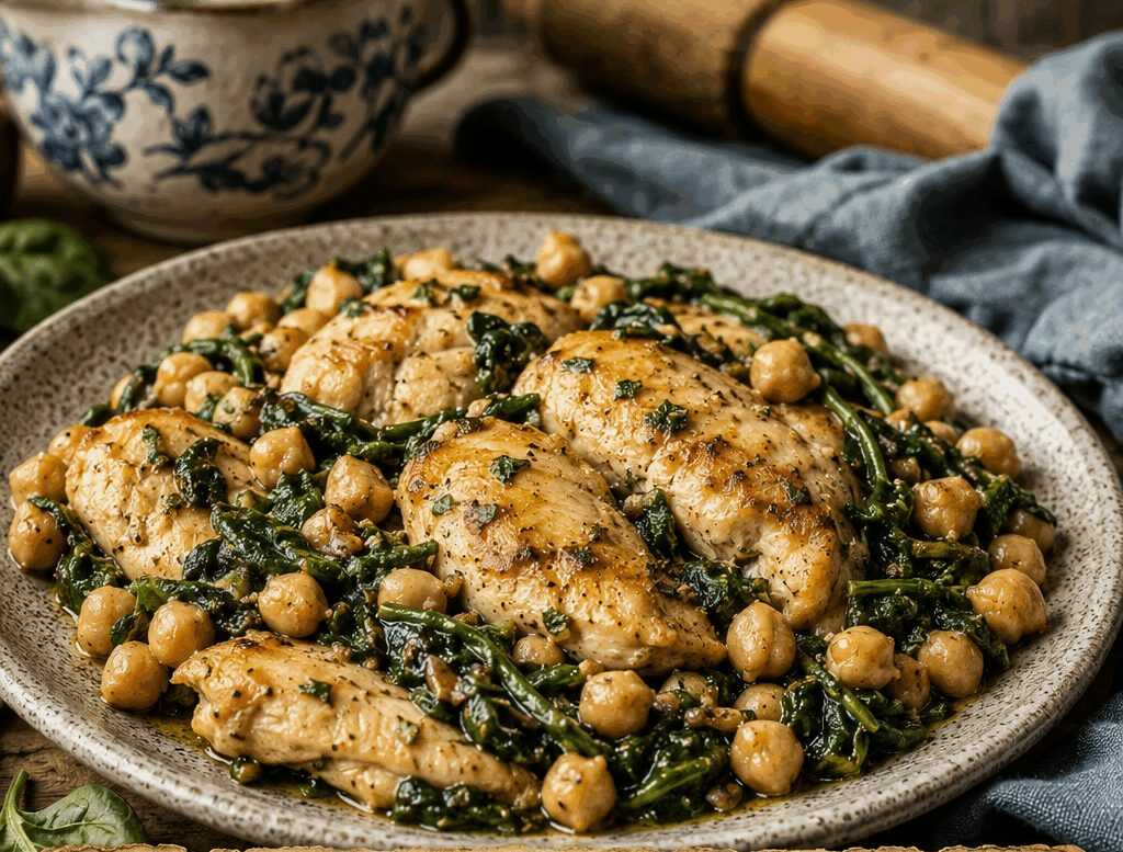 Pollo con Ceci e Spinaci in Padella
