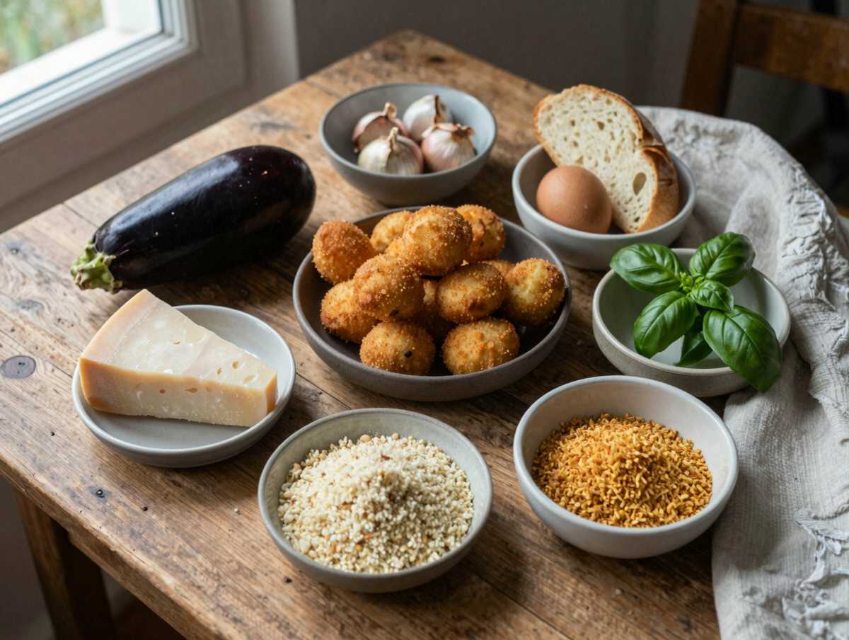 Gli ingredienti per Polpette di melanzane alla siciliana che profumano di domenica dalla nonna