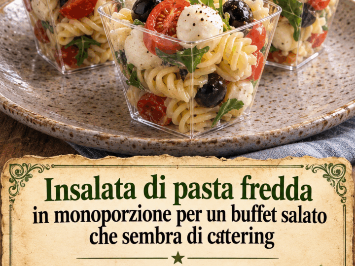 Insalata di pasta fredda in monoporzione per un buffet salato che sembra di catering