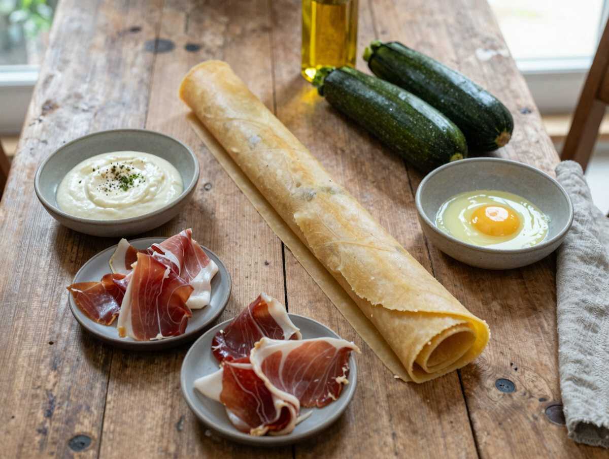 Gli ingredienti per Quadrotti di sfoglia con zucchine e speck, il classico del buffet che funziona sempre