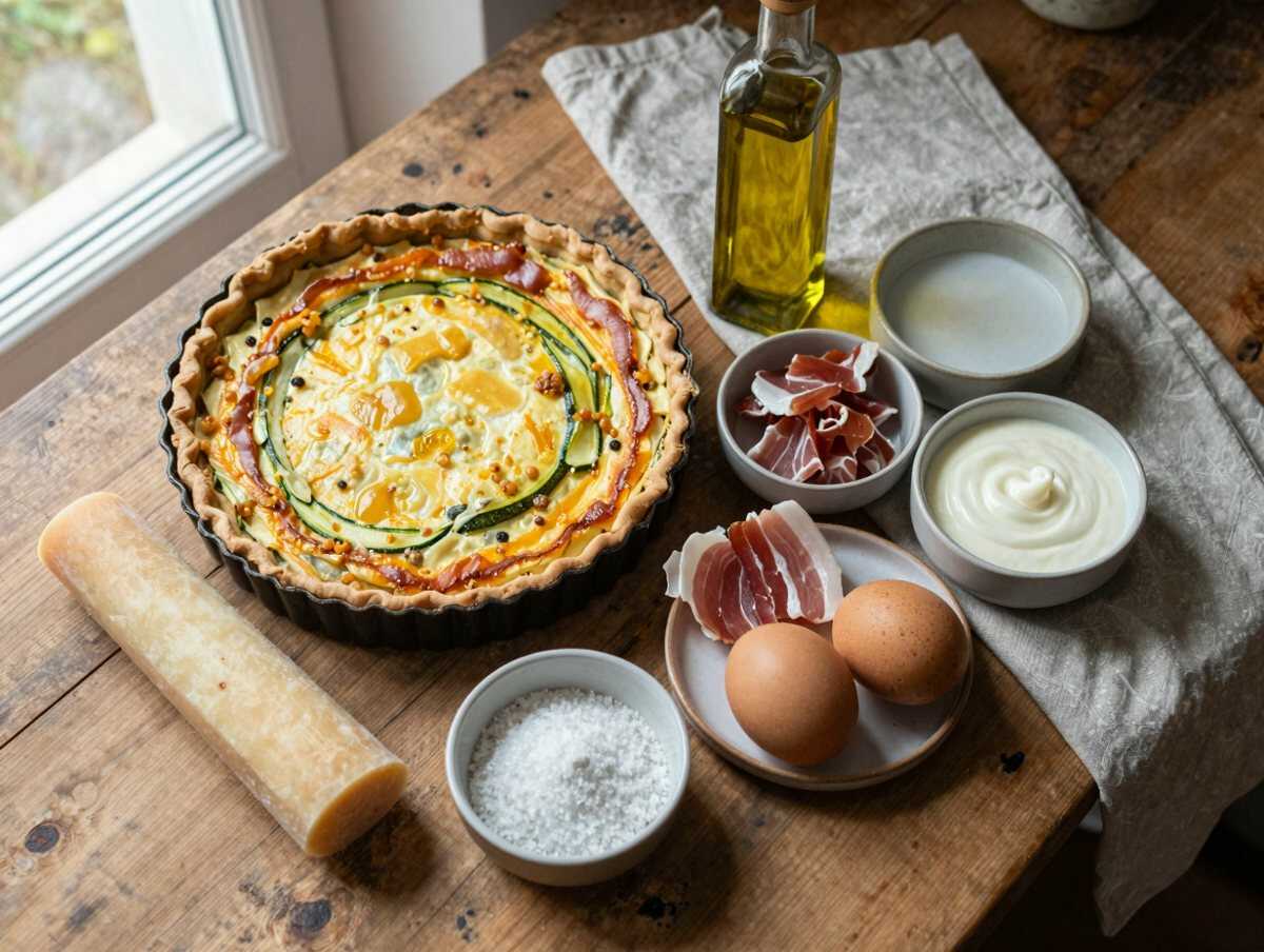 Gli ingredienti per Quiche con zucchine e pancetta croccante, come in rosticceria ma fatta in casa