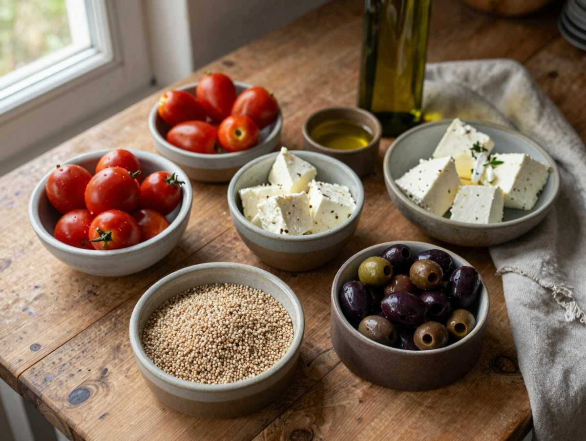 Gli ingredienti per Quinoa alla Mediterranea con Olive e Feta