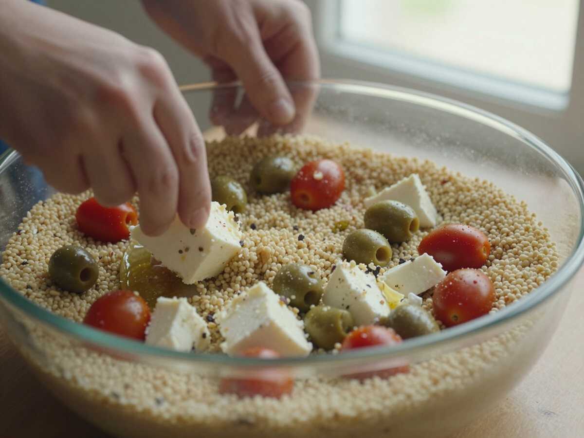 Condire la quinoa mediterranea — Quinoa alla Mediterranea con Olive e Feta