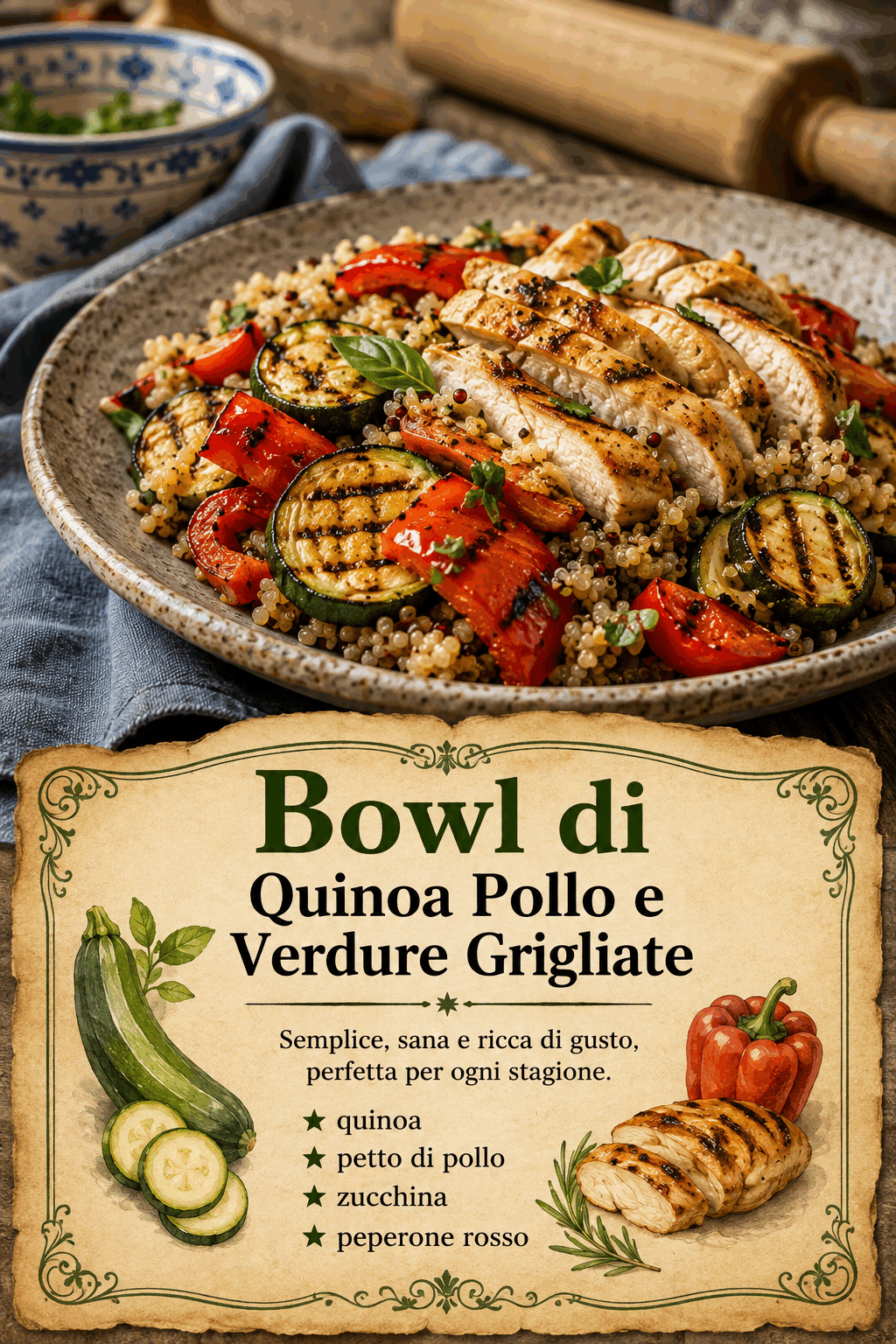 Bowl di Quinoa Pollo e Verdure Grigliate