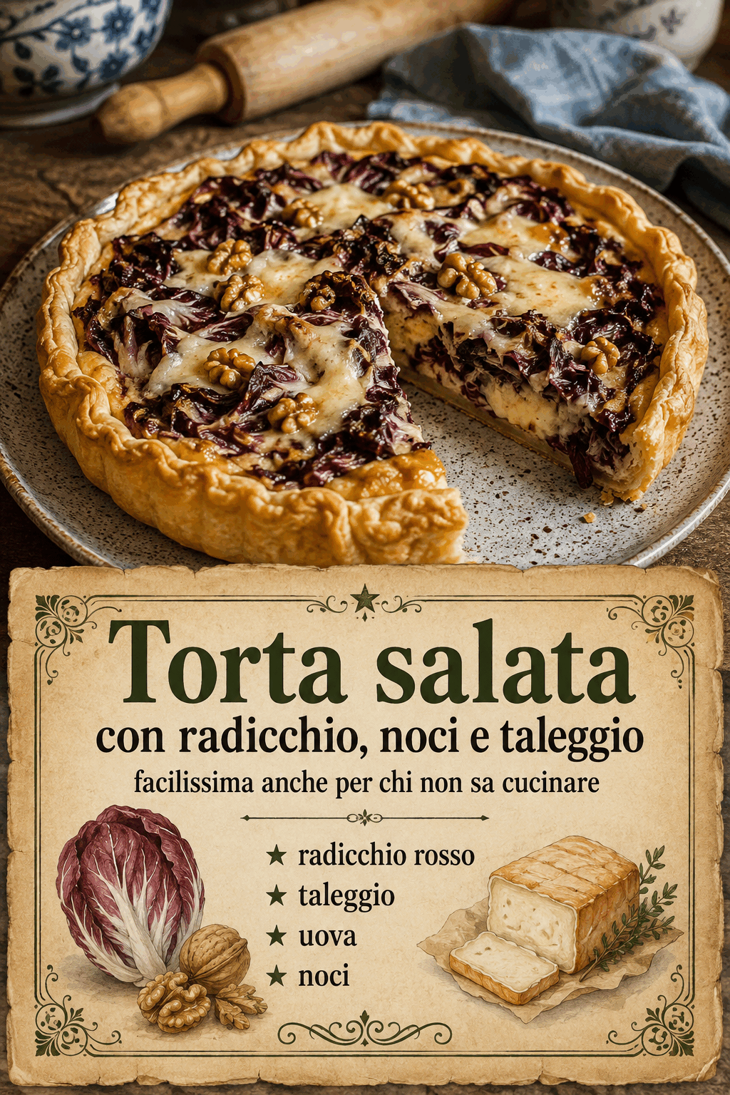 Torta salata con radicchio, noci e taleggio facilissima anche per chi non sa cucinare
