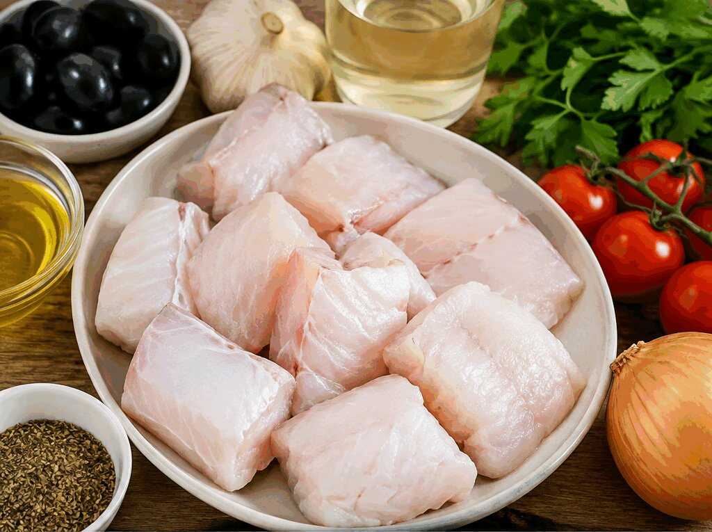 Ragù di Rana Pescatrice all’Italiana con Olive Nere e Vino Bianco