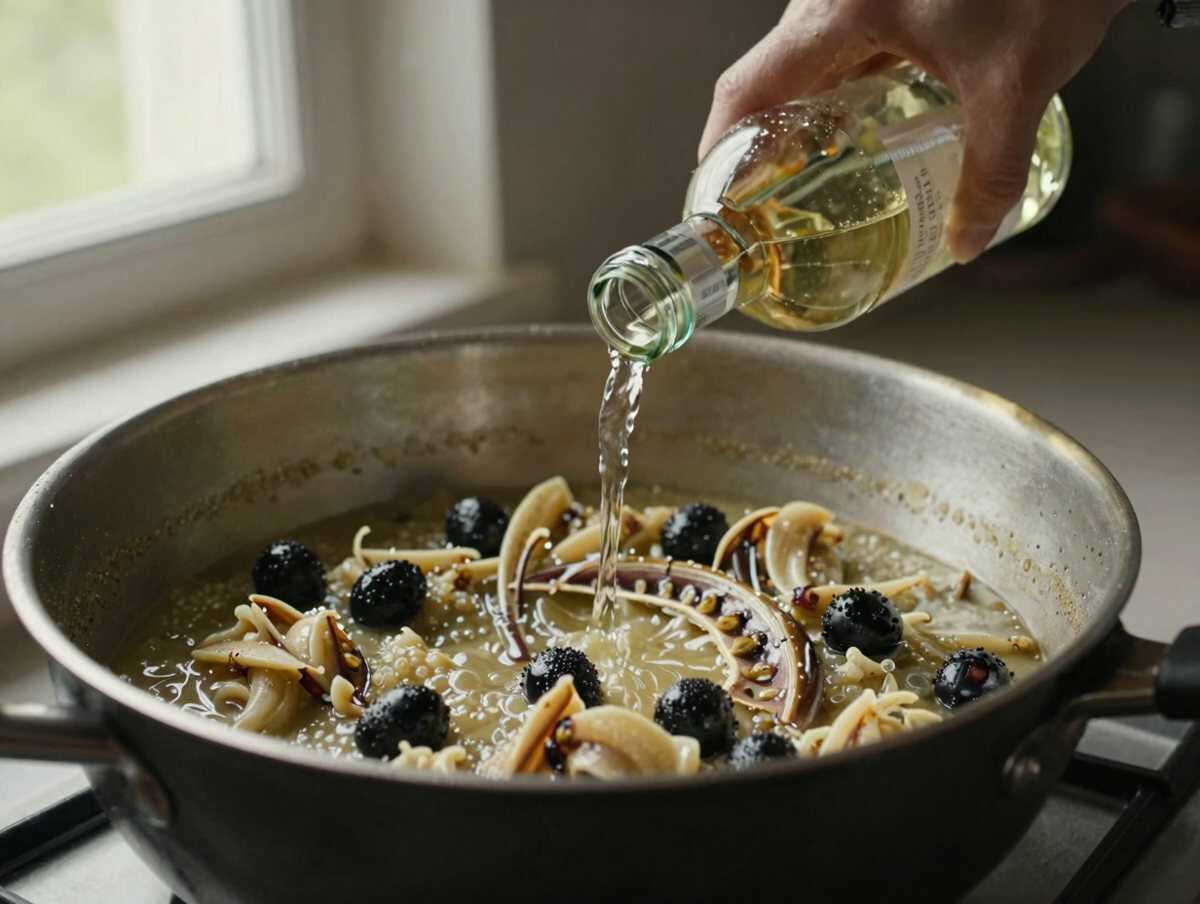 4. Sfumare con il vino — Ragù di Rana Pescatrice all’Italiana con Olive Nere e Vino Bianco