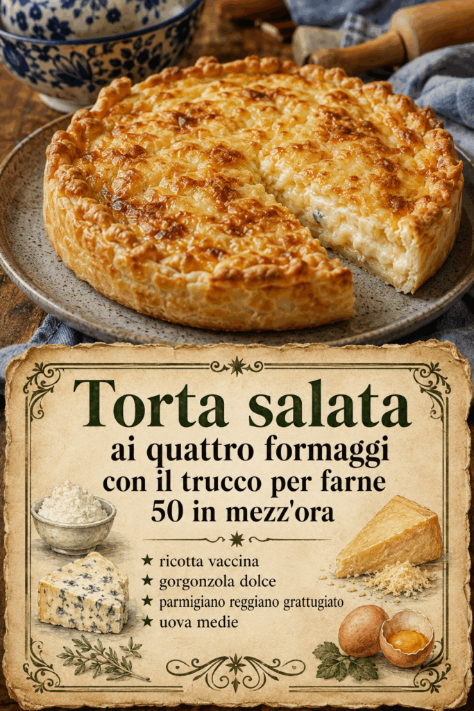 Torta salata ai quattro formaggi con il trucco per farne 50 in mezz’ora