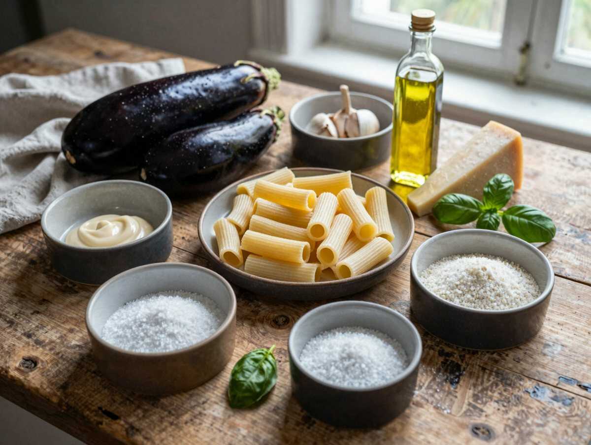 Gli ingredienti per Rigatoni alla Crema di Melanzane Affumicata
