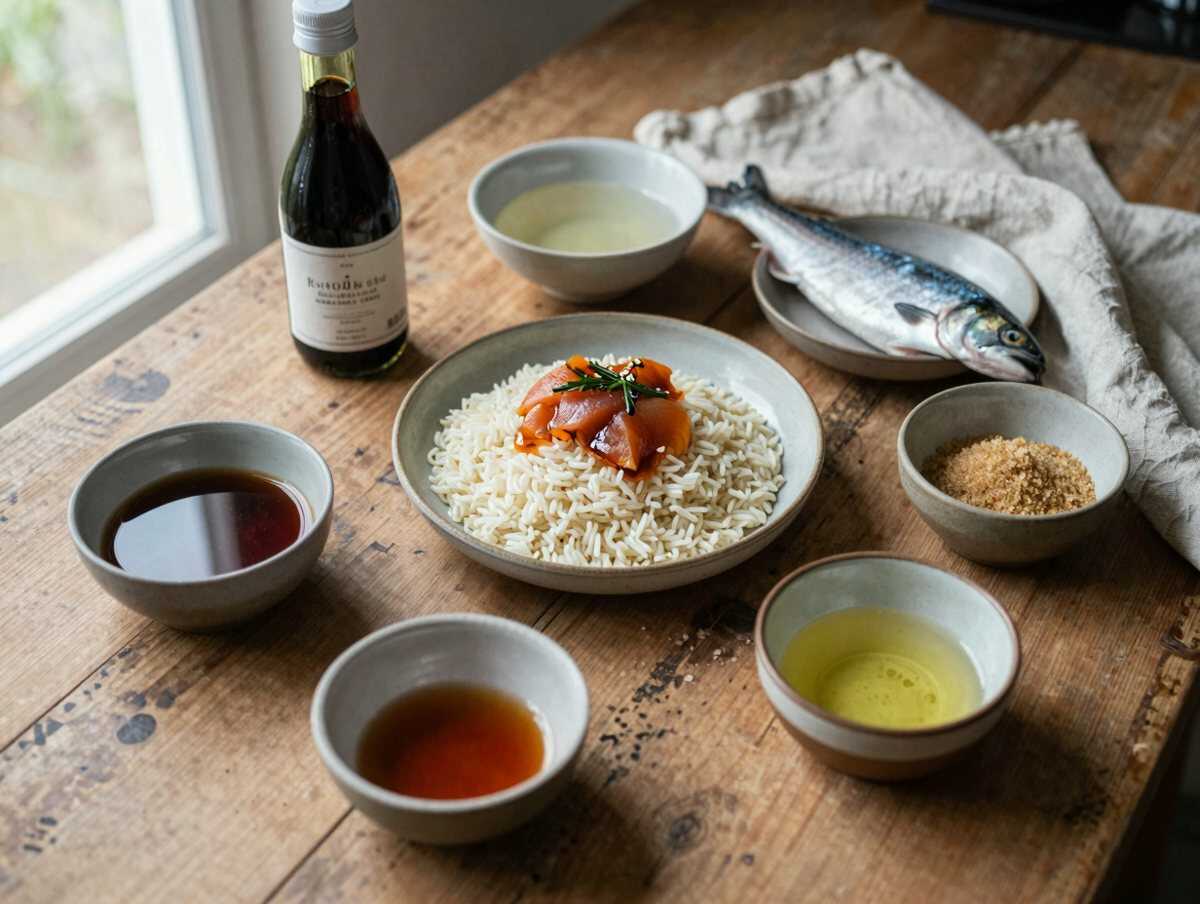 Gli ingredienti per Riso al Vapore con Salmone Teriyaki