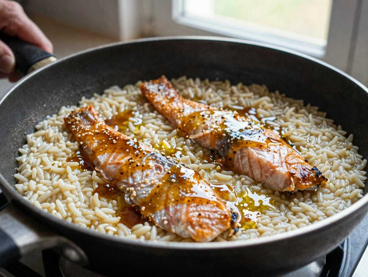 Cuocere il salmone — Riso al Vapore con Salmone Teriyaki