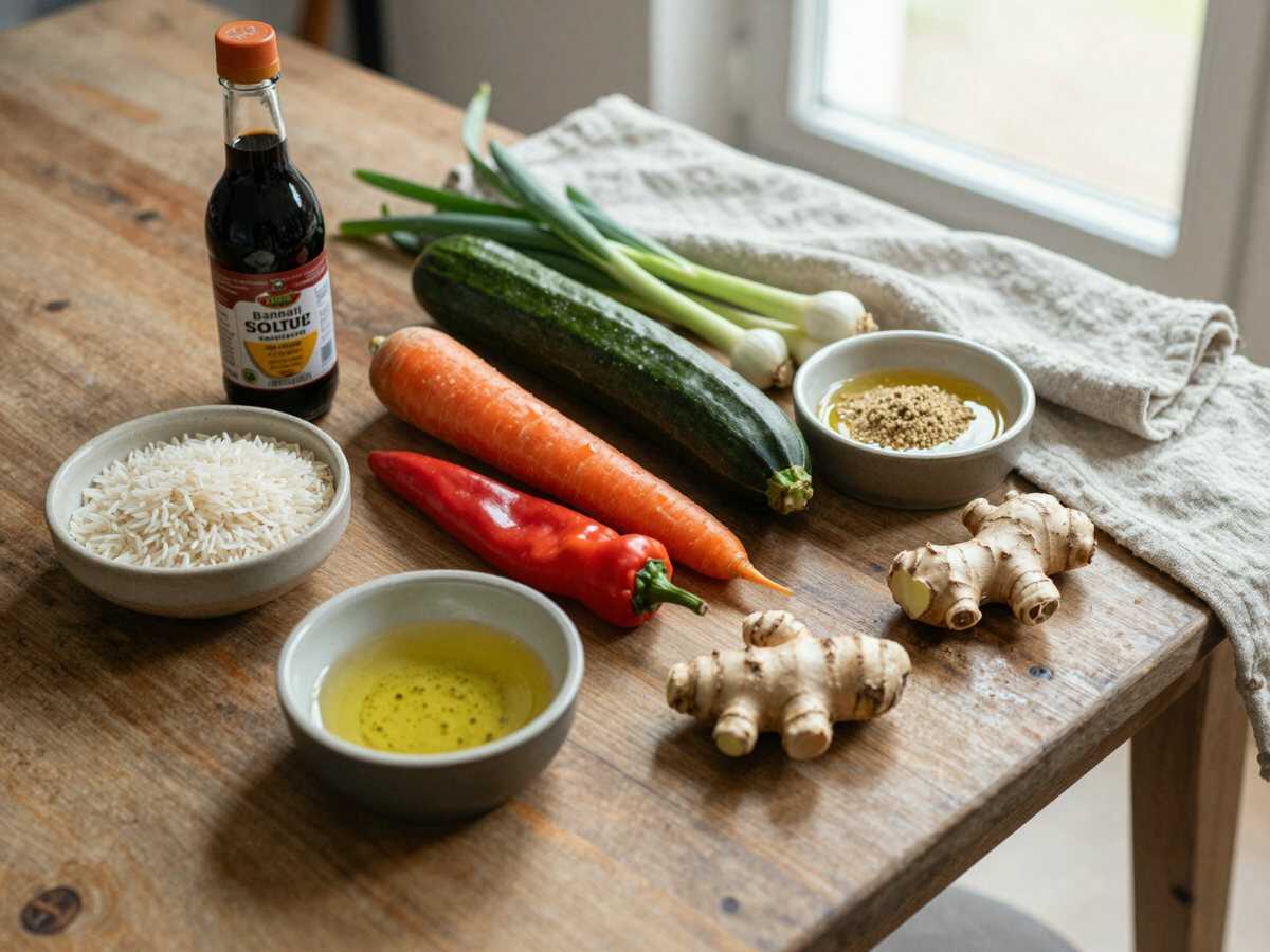 Gli ingredienti per Riso Basmati Saltato con Verdure e Soia