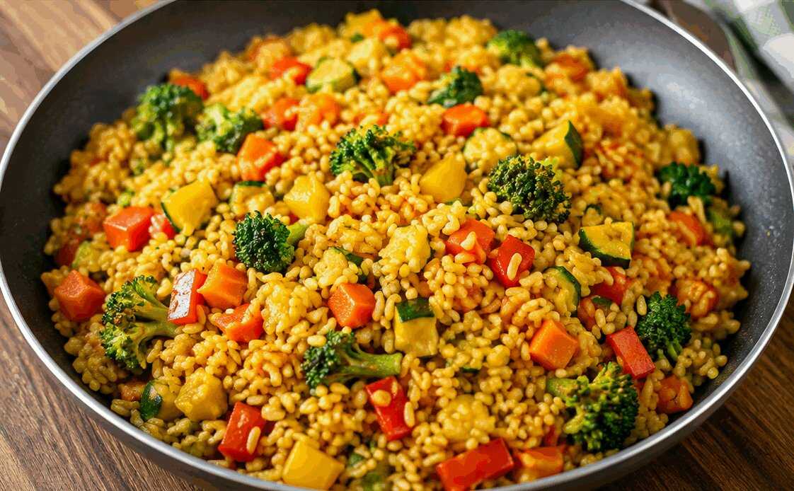 Riso Integrale con Verdure e Curcuma: la Ricetta Sana e Colorata Perfetta per un Pranzo Leggero