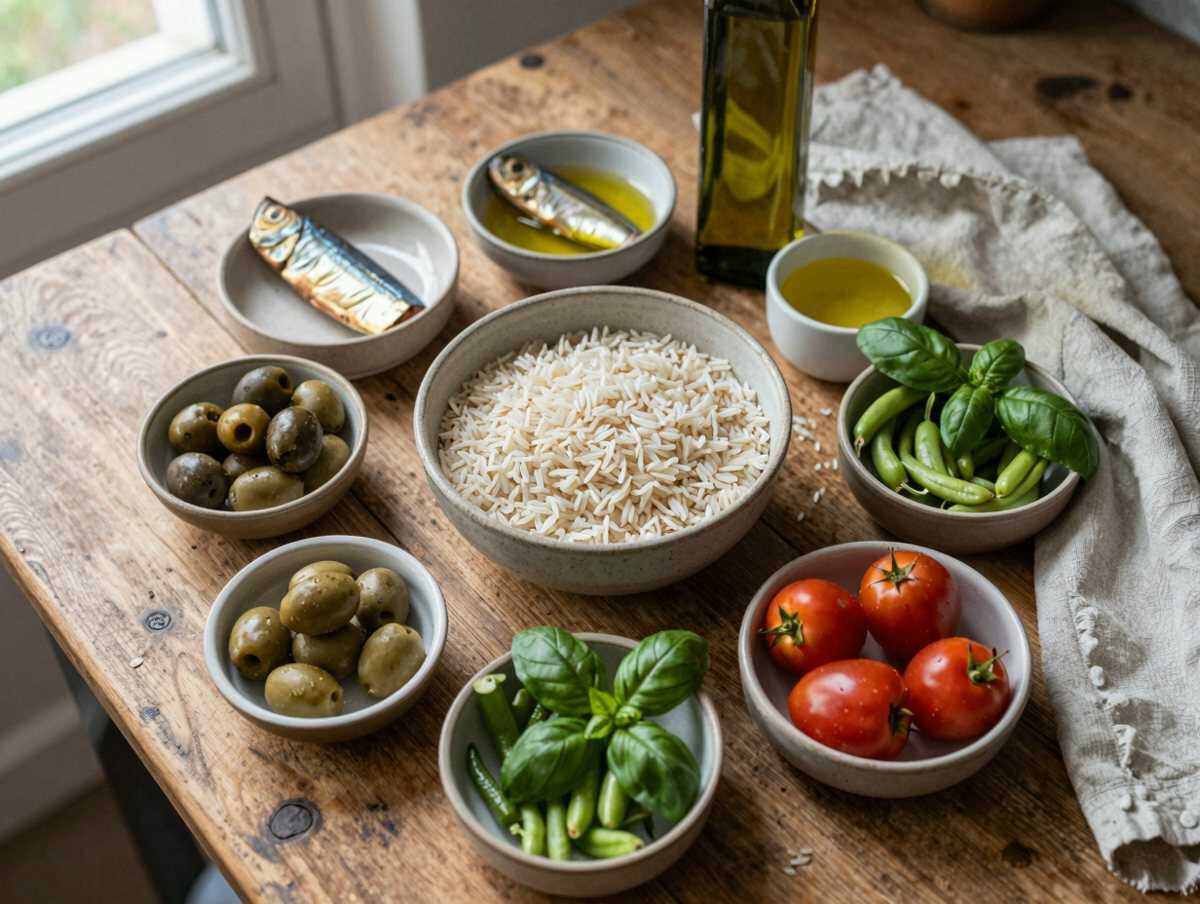 Gli ingredienti per Riso Integrale Freddo con Tonno e Fagiolini