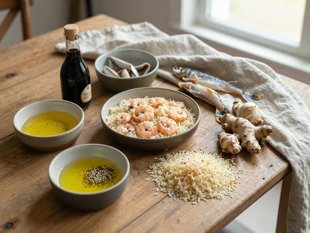 Gli ingredienti per Riso Integrale Saltato con Gamberi e Zenzero