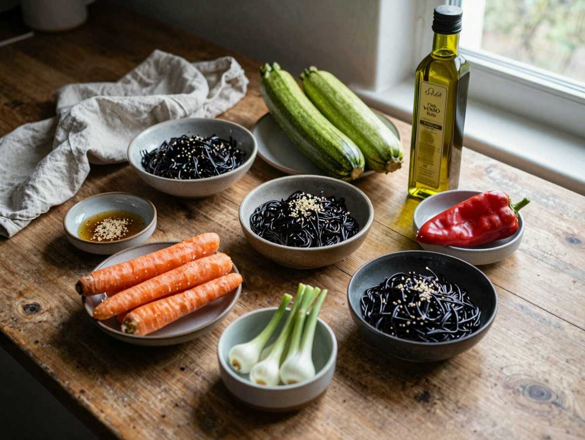 Gli ingredienti per Riso Nero con Verdure Saltate e Sesamo