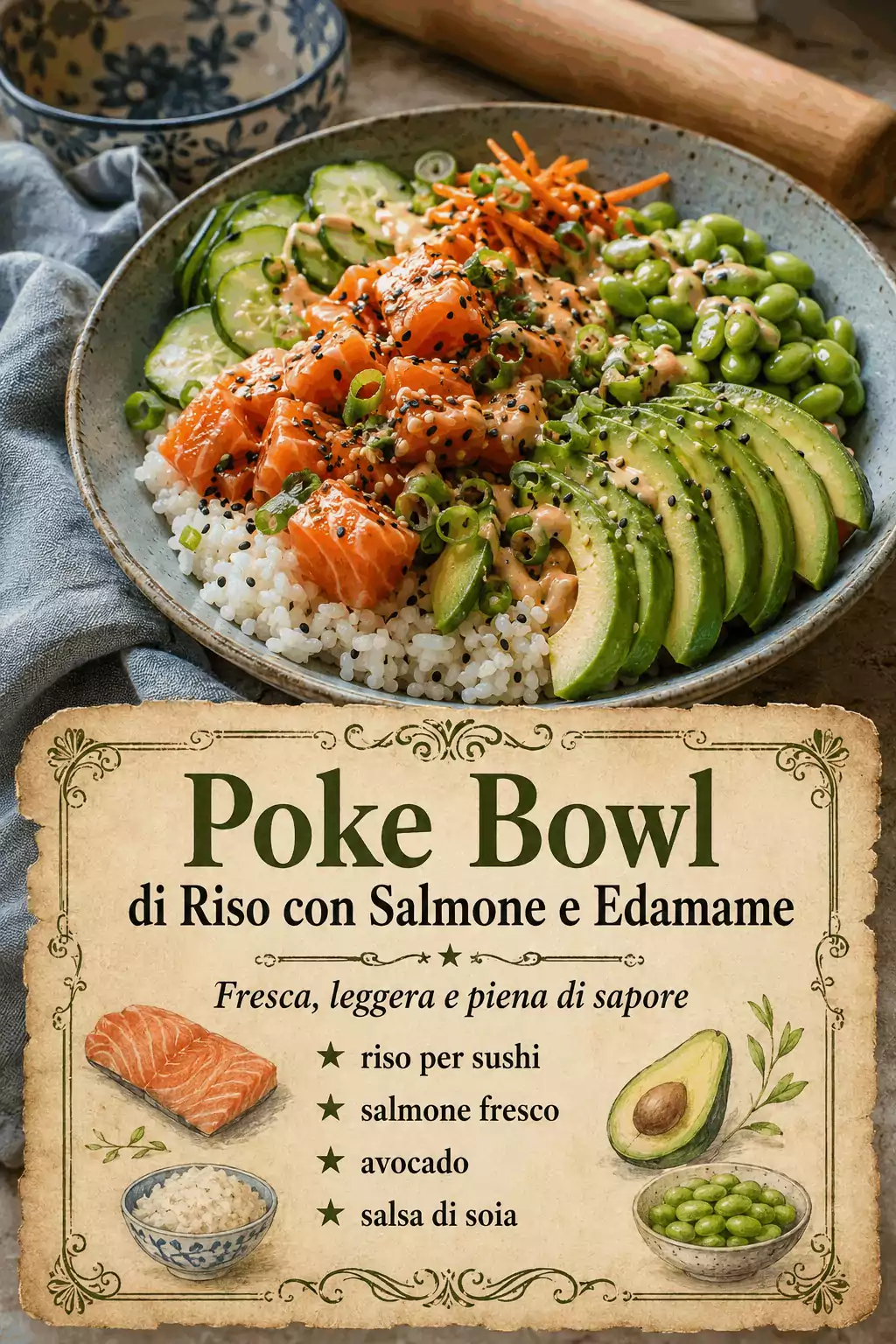 Poke Bowl di Riso con Salmone e Edamame