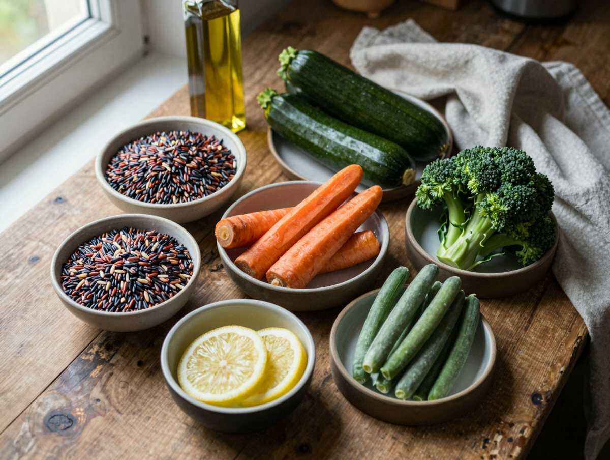 Gli ingredienti per Riso Rosso Integrale con Verdure al Vapore