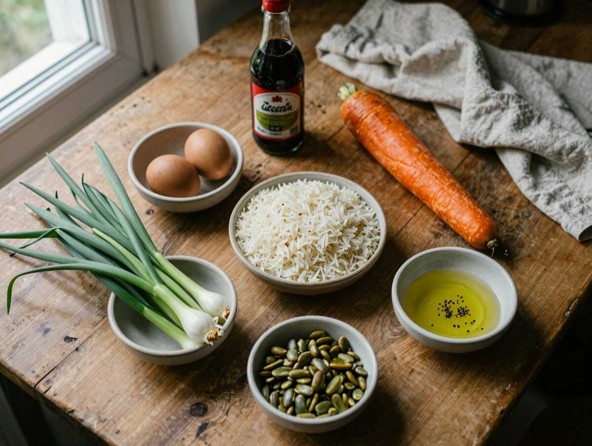 Gli ingredienti per Riso Saltato all’Asiatica con Uovo e Verdure