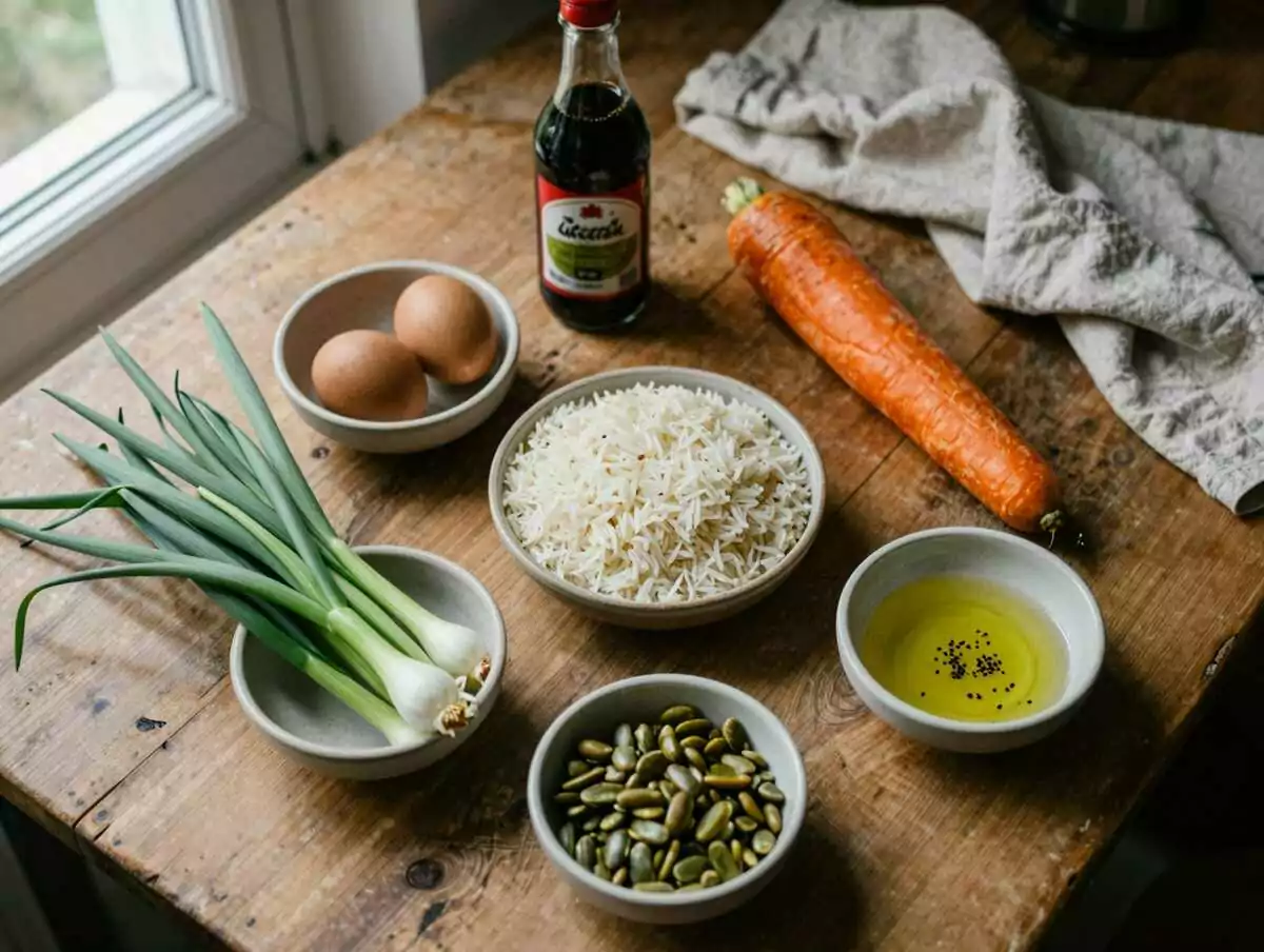 Gli ingredienti per Riso Saltato all’Asiatica con Uovo e Verdure