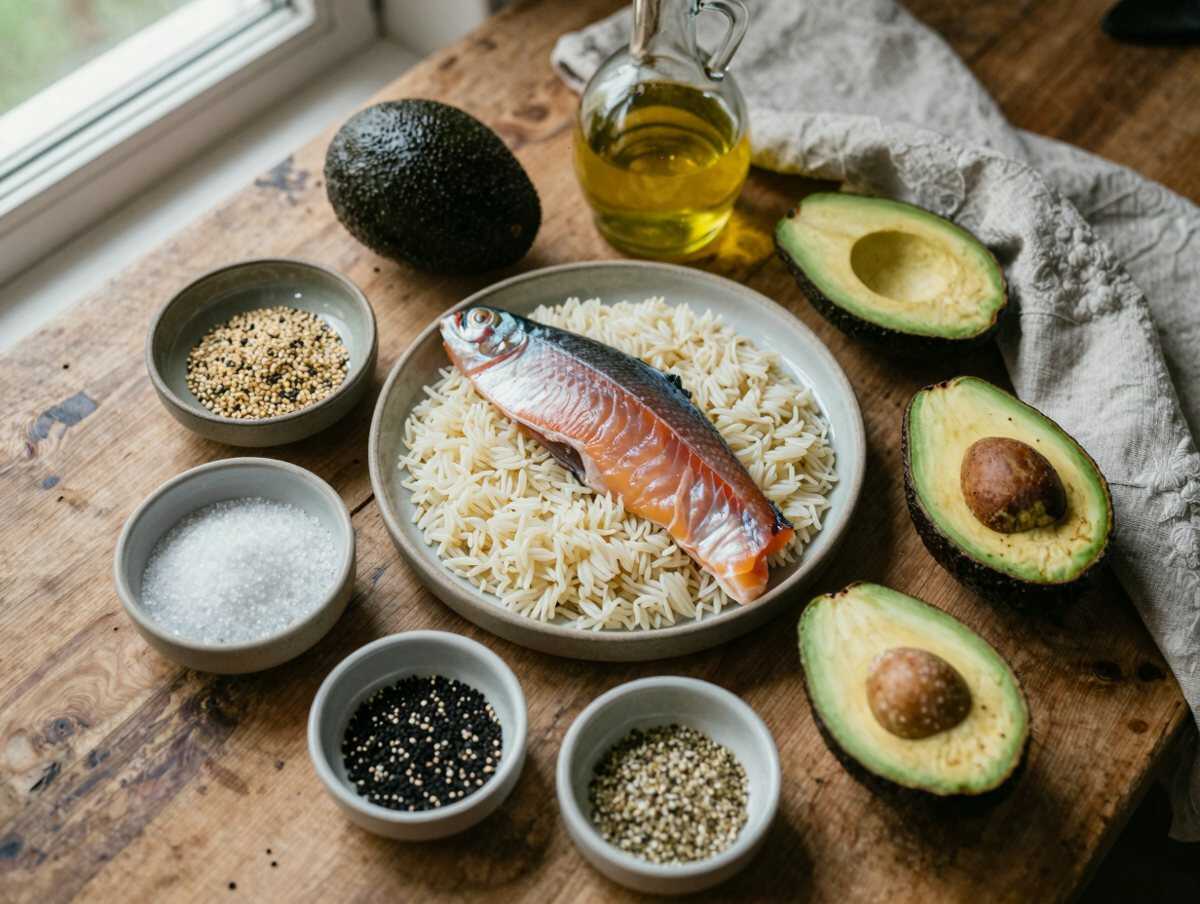 Gli ingredienti per Riso Venere con Salmone e Avocado