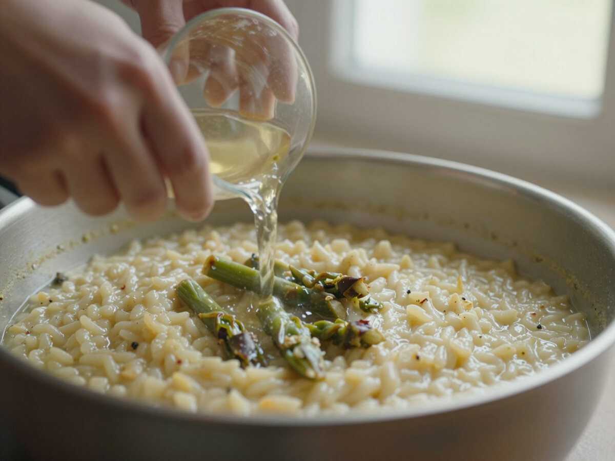 5. Sfumare e cuocere — Risotto agli Asparagi e Parmigiano: la Ricetta Delicata e Vellutata Ideale per un Pranzo Speciale