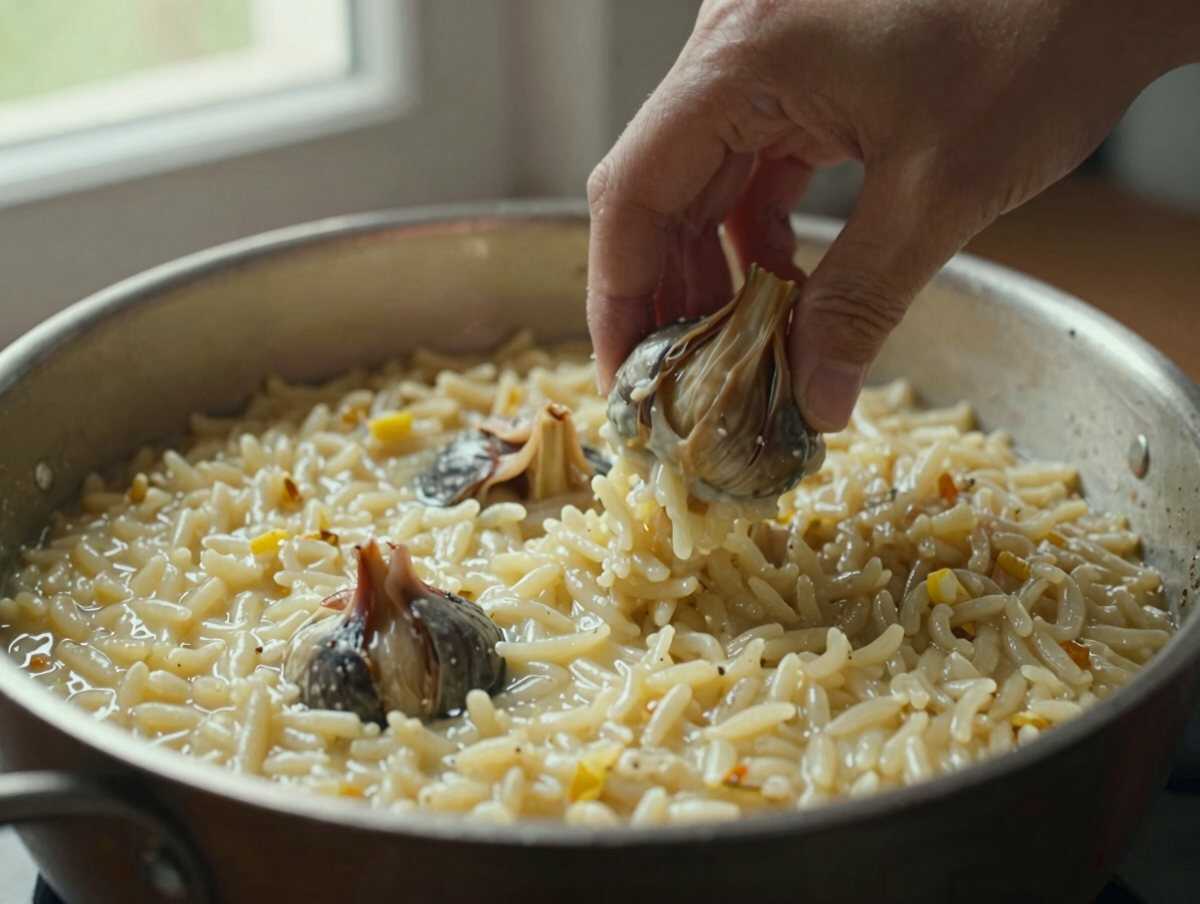 Un passaggio della preparazione — Risotto ai carciofi e limone di Sicilia: un classico cremoso della cucina italiana