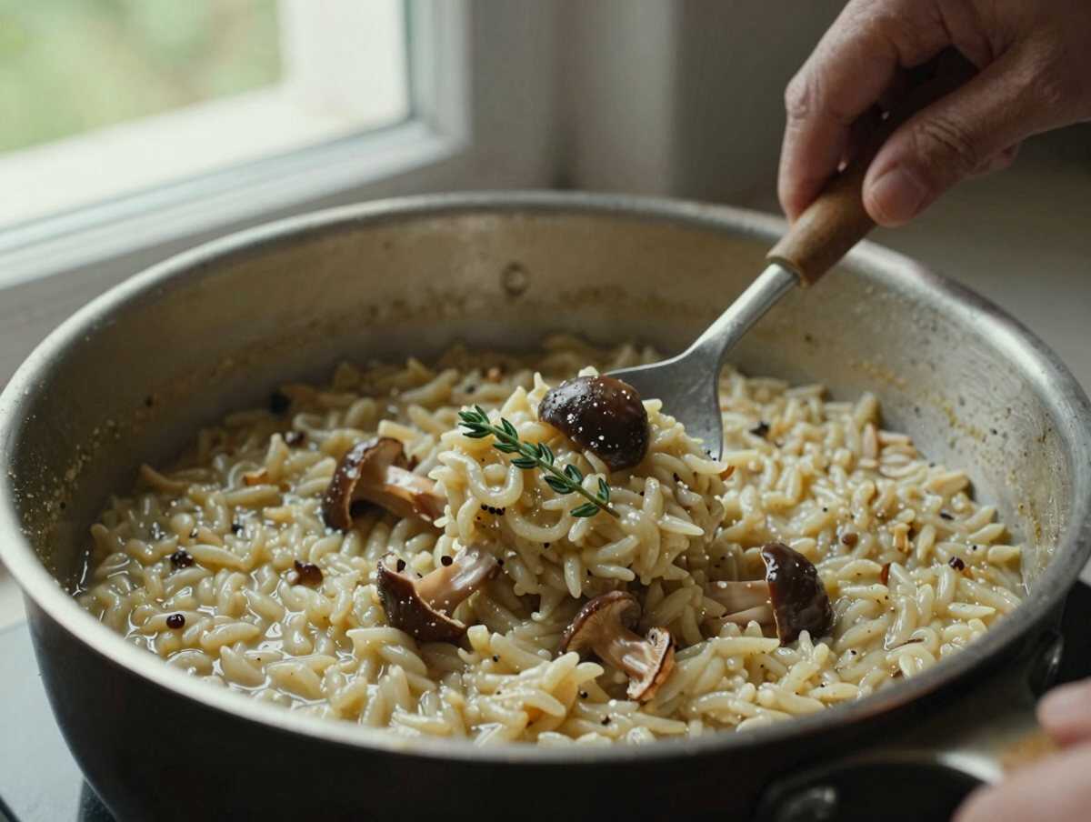 Un passaggio della preparazione — Risotto ai Funghi Porcini con Timo Fresco e Parmigiano Stagionato