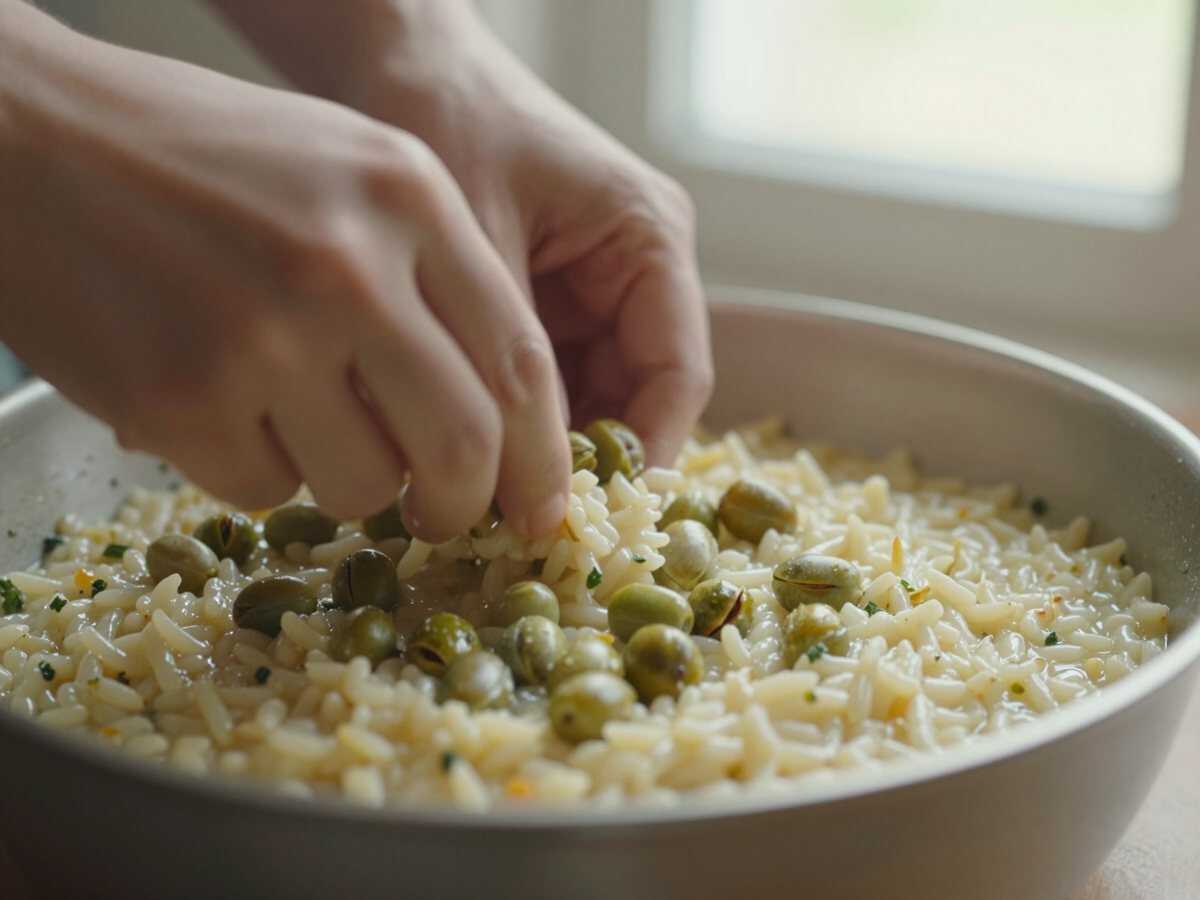 Un passaggio della preparazione — Risotto ai Piselli, Menta Fresca e Burrata