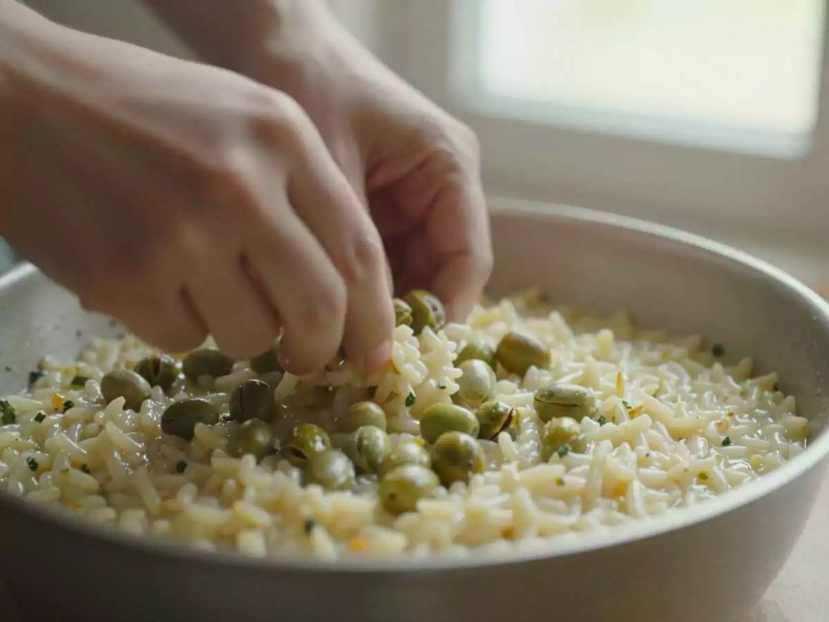 Un passaggio della preparazione — Risotto ai Piselli, Menta Fresca e Burrata