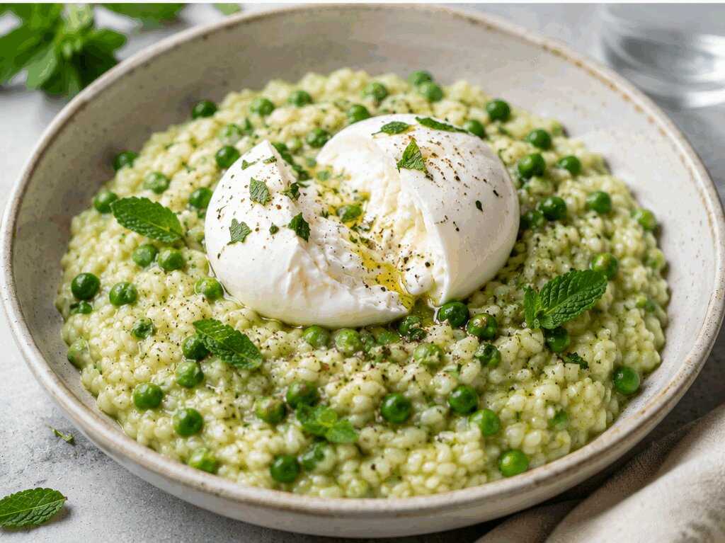 Risotto ai Piselli, Menta Fresca e Burrata