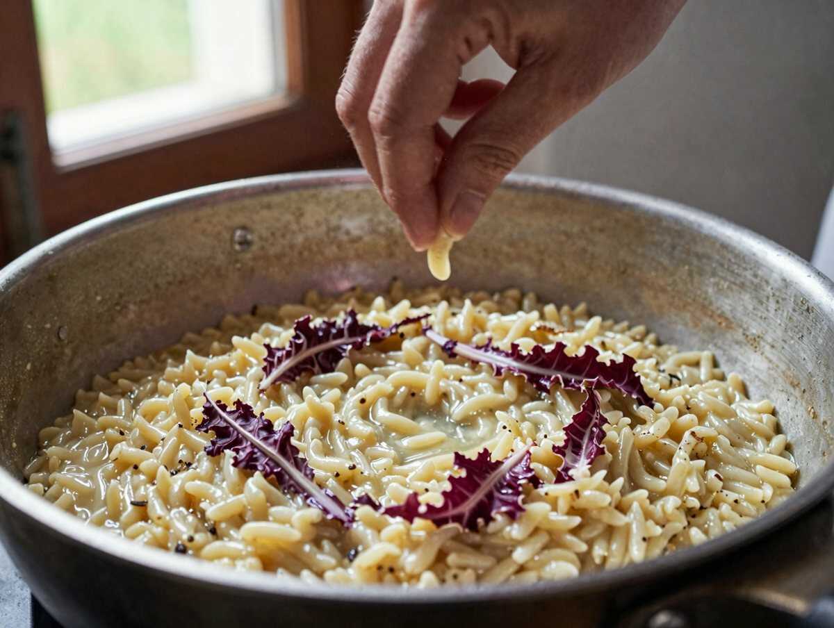 Un passaggio della preparazione — Risotto al Radicchio Rosso di Treviso e Gorgonzola Dolce: un’eccellenza della cucina del Nord Italia