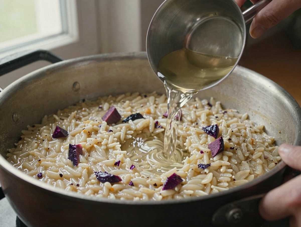Sfumare e cuocere il risotto — Risotto alla Barbabietola Cremoso e Colorato