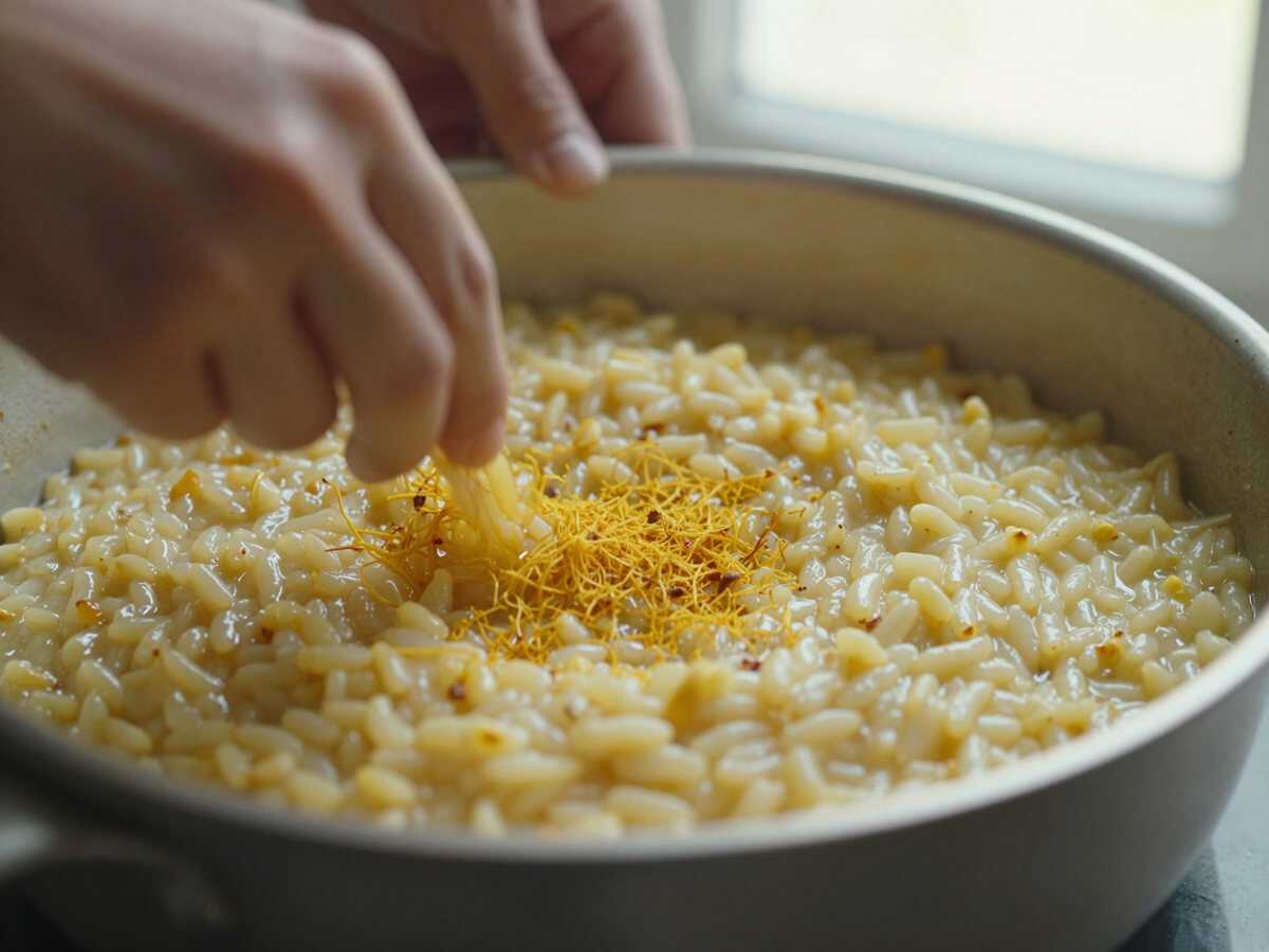 4. Tostare il riso — Risotto allo Zafferano e Salsiccia: la Ricetta Tradizionale Cremosa che Conquista al Primo Assaggio