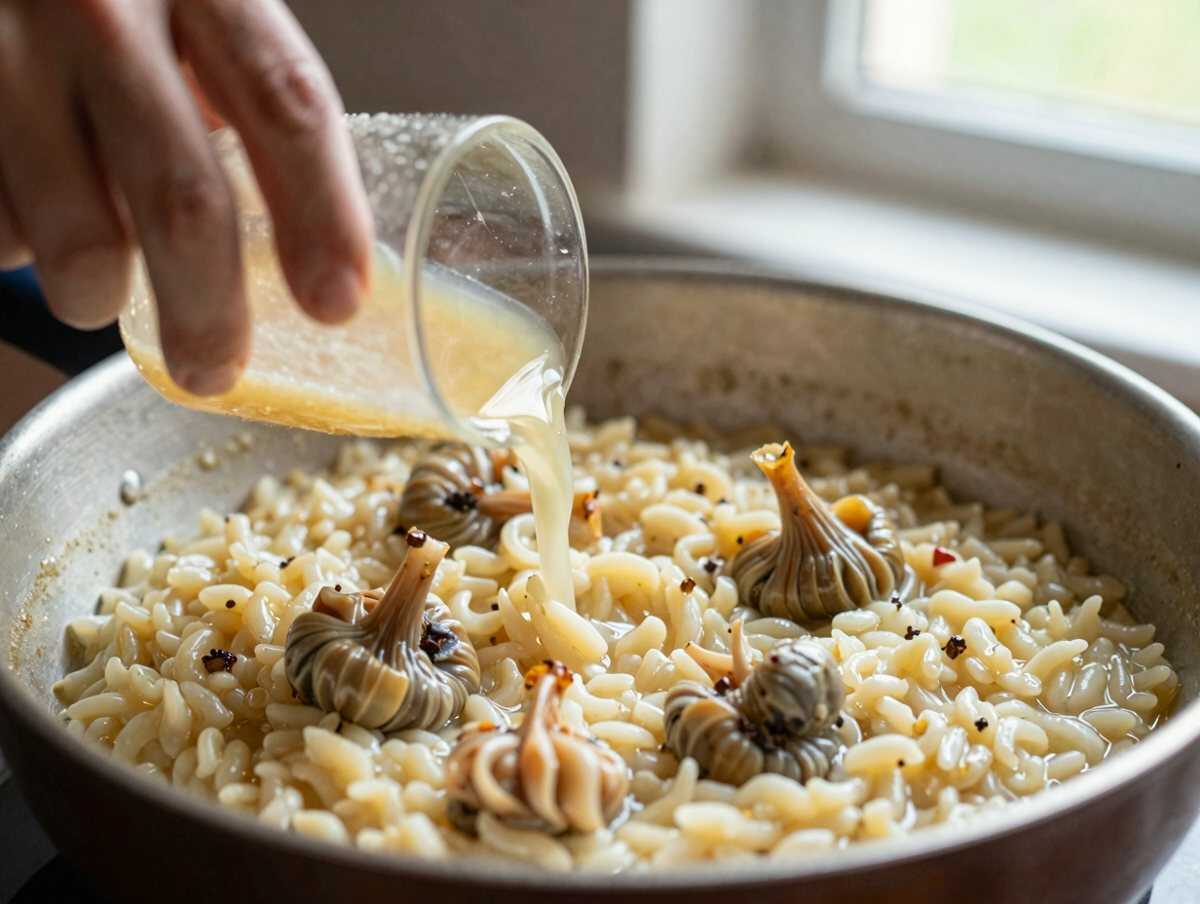 5. Portare il risotto a cottura — Risotto con Carciofi e Pecorino Romano – Lazio