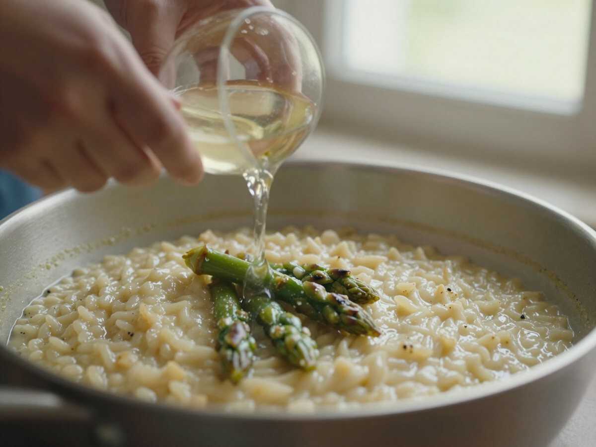 5. Sfumare con il vino — Risotto Cremoso agli Asparagi Verdi e Pecorino Romano: un Classico della Cucina Italiana