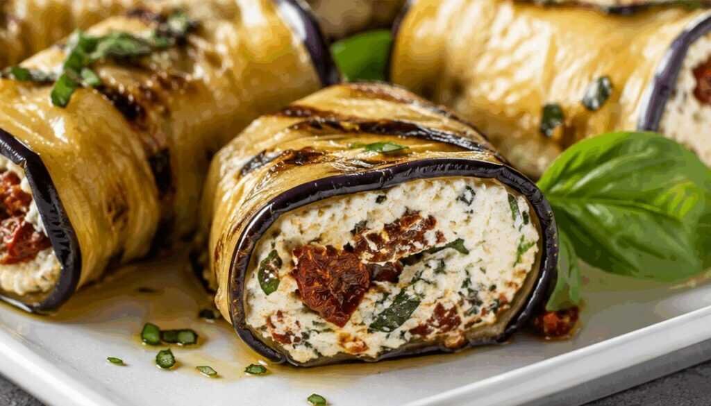 Rotolini di melanzane fredde con ricotta, basilico e pomodori secchi alla calabrese