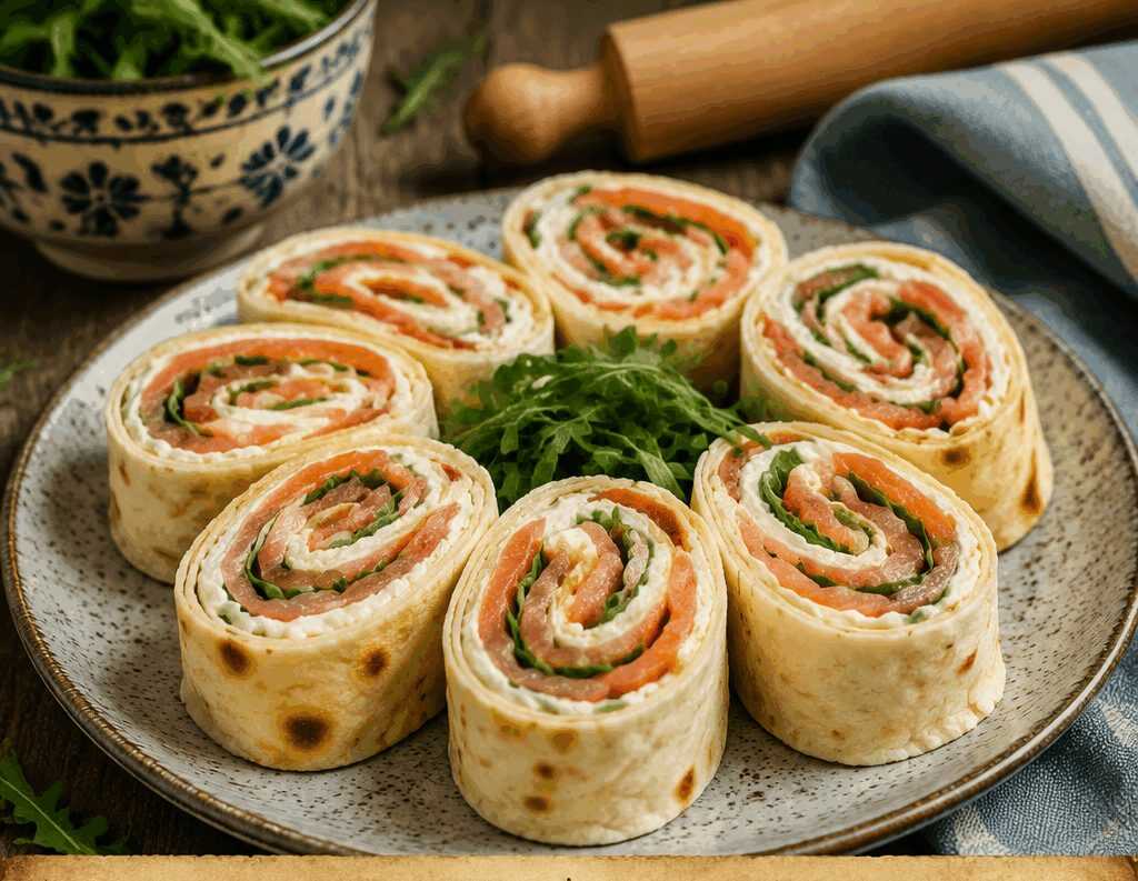 Rotolini di piadina con formaggio fresco e salmone, come in rosticceria ma fatti in casa
