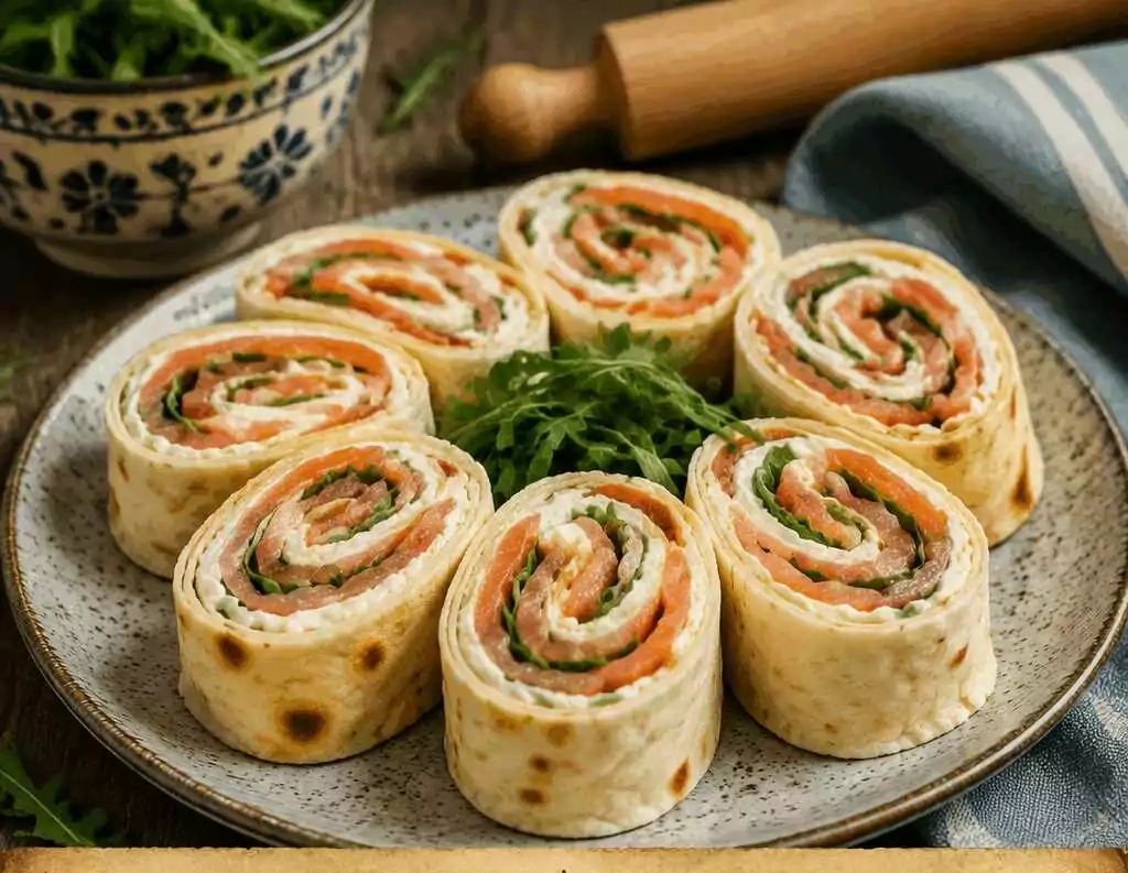Rotolini di piadina con formaggio fresco e salmone, come in rosticceria ma fatti in casa