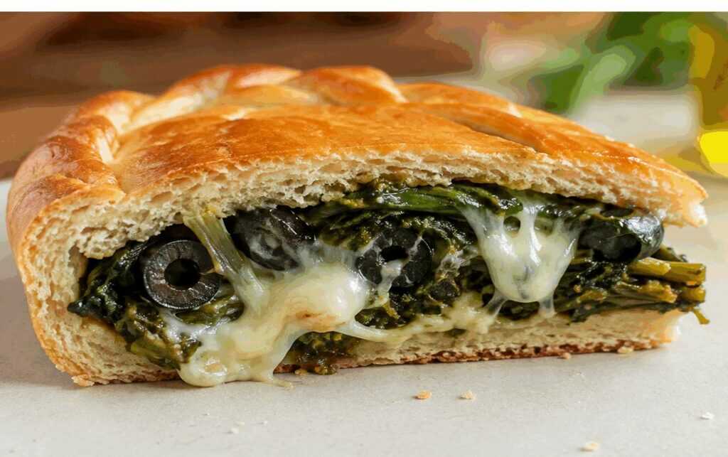 Rustico pugliese con cime di rapa, scamorza e olive nere