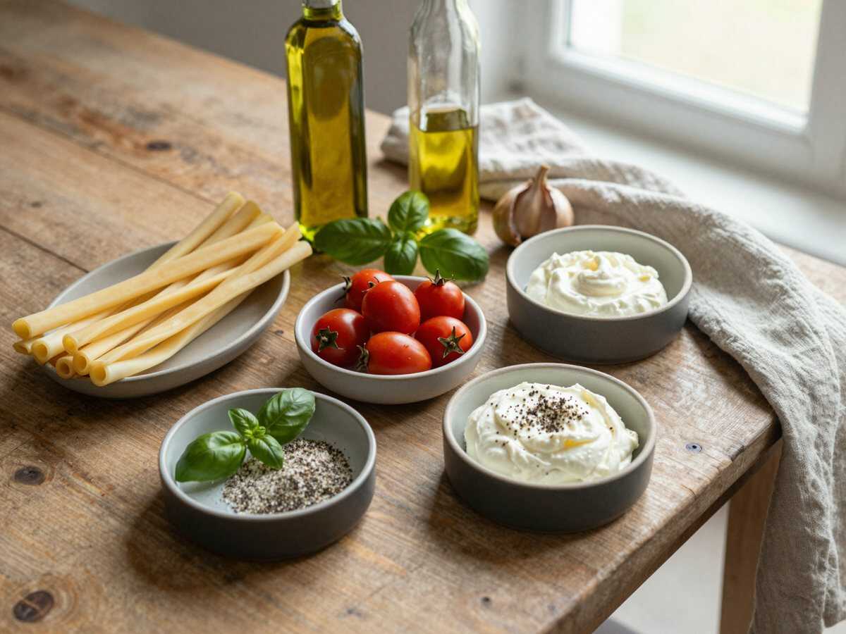 Gli ingredienti per Sedanini con Pomodorini e Stracciatella