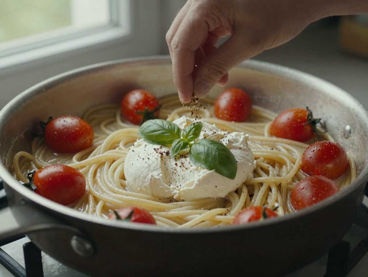 Mantecare i sedanini — Sedanini con Pomodorini e Stracciatella