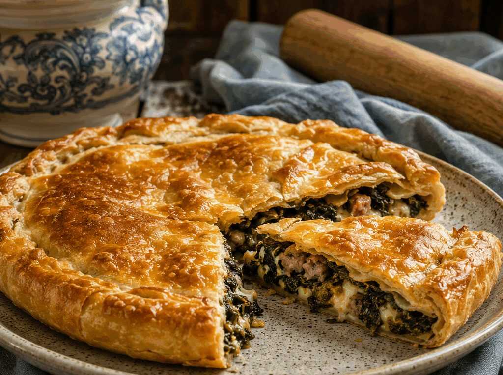 Sfoglia rustica con friarielli e salsiccia per un buffet delle feste che lascia tutti a bocca aperta