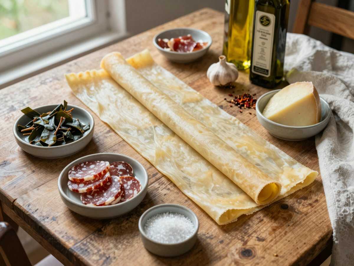 Gli ingredienti per Sfoglia rustica con friarielli e salsiccia per un buffet delle feste che lascia tutti a bocca aperta