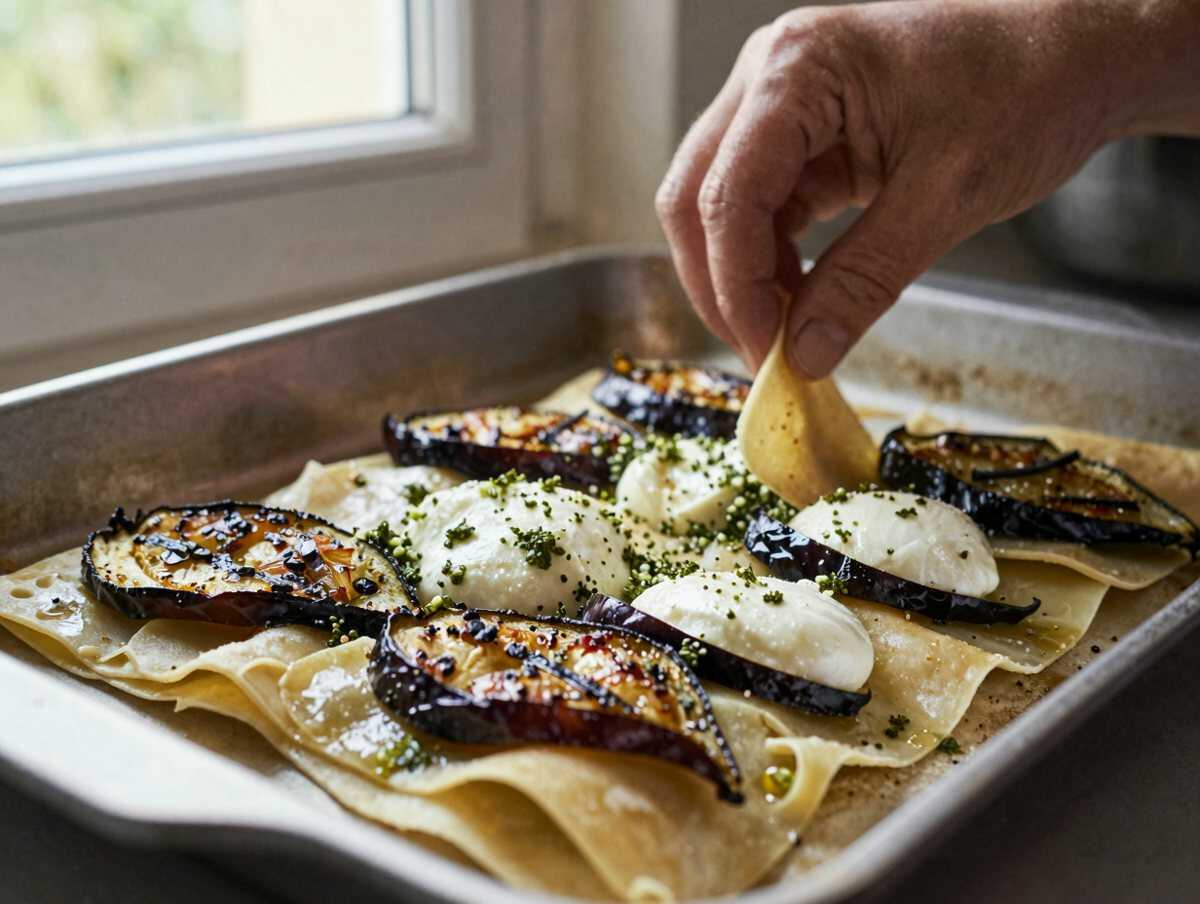 Un passaggio della preparazione — Sfogliata Italiana con Melanzane Grigliate, Mozzarella e Pesto
