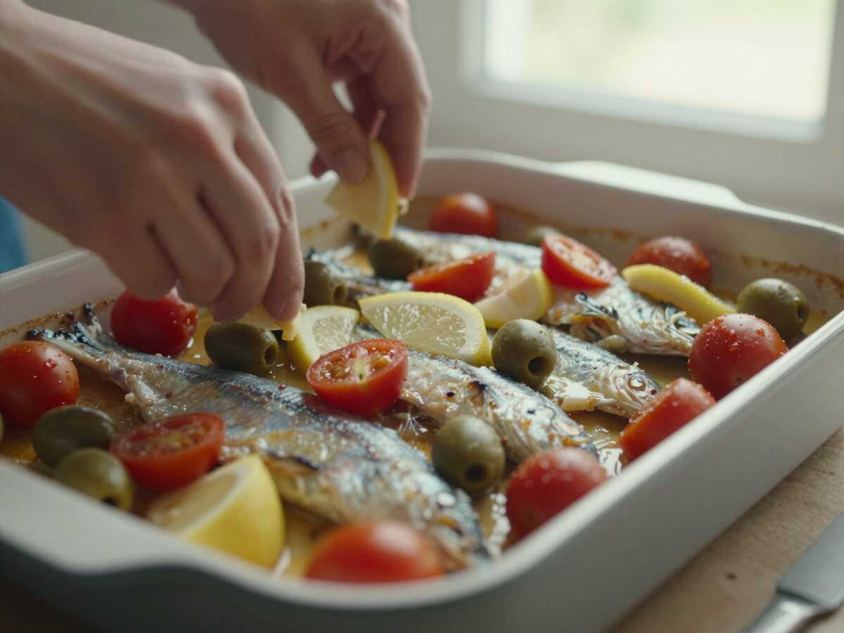 4. Disporre nella teglia — Sgombro al Forno con Pomodorini e Olive: la Ricetta Mediterranea Leggera e Gustosa Pronta in 30 Minuti