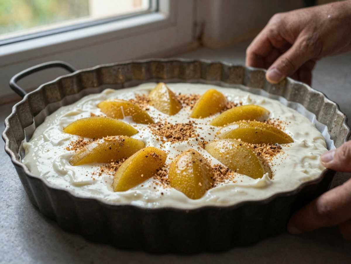 Le fettine di mela mescolate alla pastella, un passaggio della torta di mele, yogurt e limone