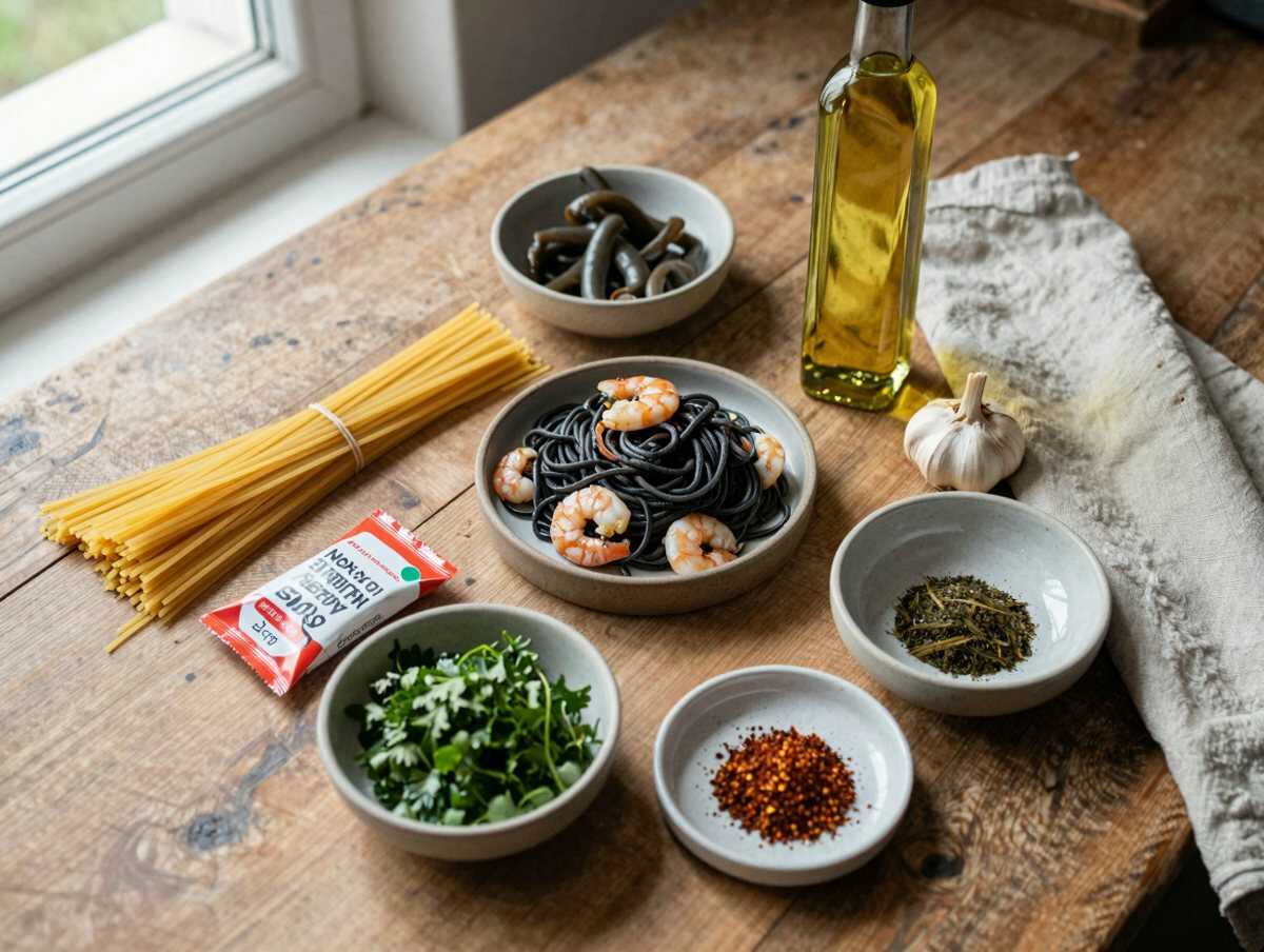 Gli ingredienti per Spaghetti al Nero di Seppia con Gamberi